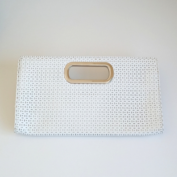Express Handbags - Express White Leather Clutch with Silver Underlying Diamond Pattern